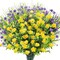 9pcs Artificial Flowers, UV Resistant Faux Outdoor Flowers, Fake Plastic Flowers for Hanging Planter Porch Window Garden Decoration Yellow Purple Green